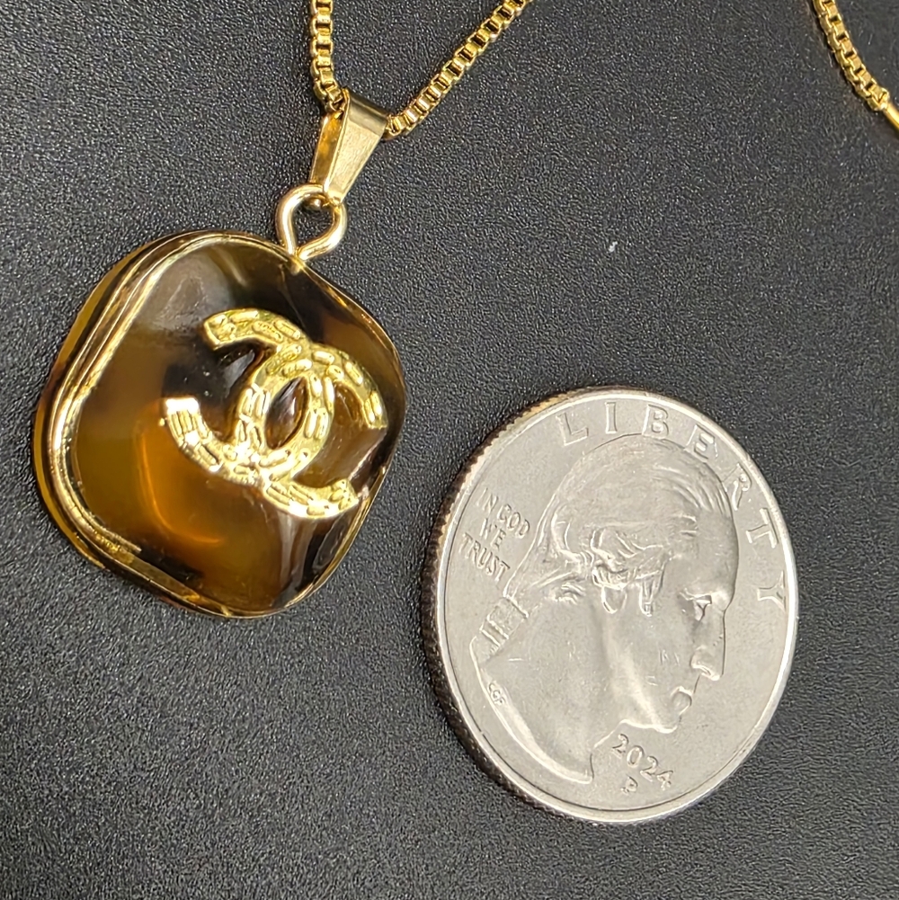 CHANEL LEOPARD PRINT Pendant. 18K SS PVD Box Chain.